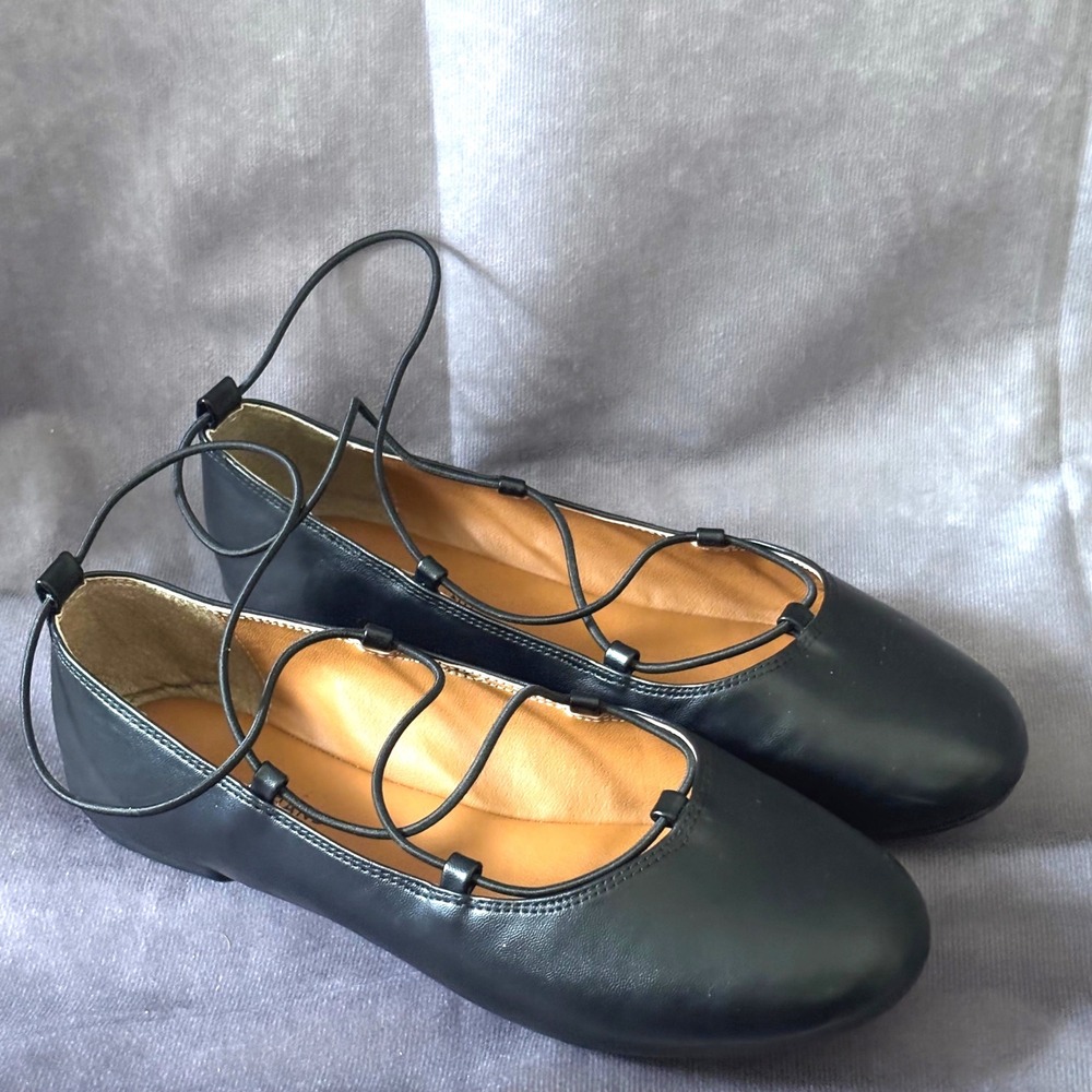 Lucky Brand Aviee Lace Up Ballet Flats Women Size 5 Girls 4 Black